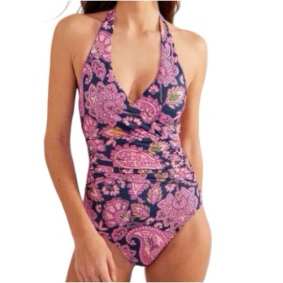 Boden Halter Paisley Print Floral Swimsuit Navy Pink Ruched - Picture 1 of 8